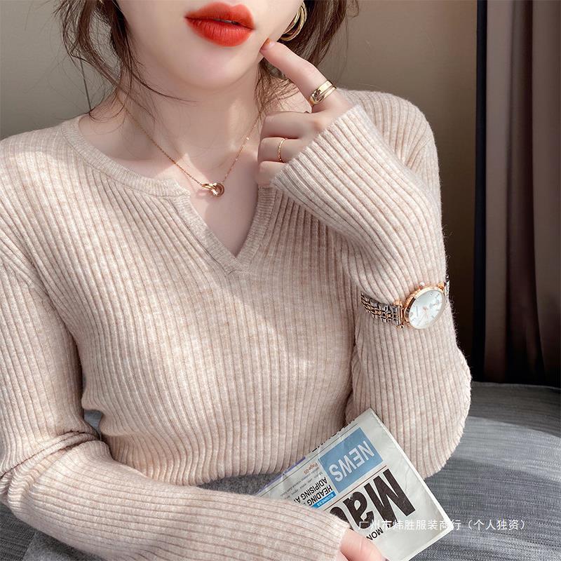2024 Western Style Inner Wear Slim Long-sleeved New Bottoming Shirt Spring & Fall Early Autum Knitwear V-neck Knitwear Women's Top