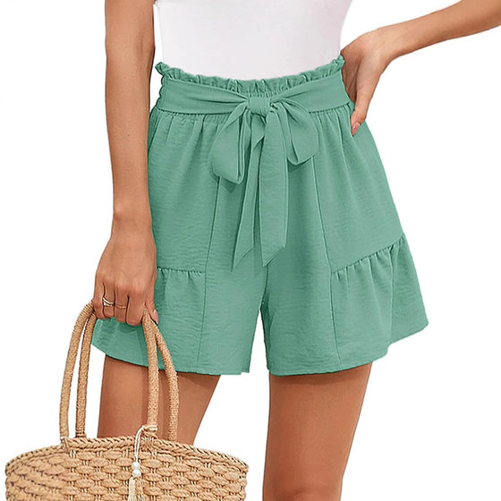 Cross-border European and American Amazon Women's Ruffled Bow Waist Lace-up Summer Shorts with Pocket High Waist Slimming