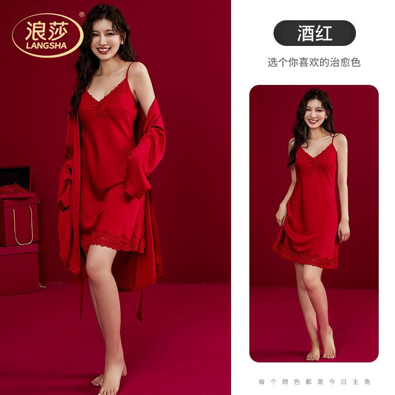 Pajamas wedding wedding couple suit autumn and winter Red Ice silk nightdress bridal wedding strap nightgown women's suit