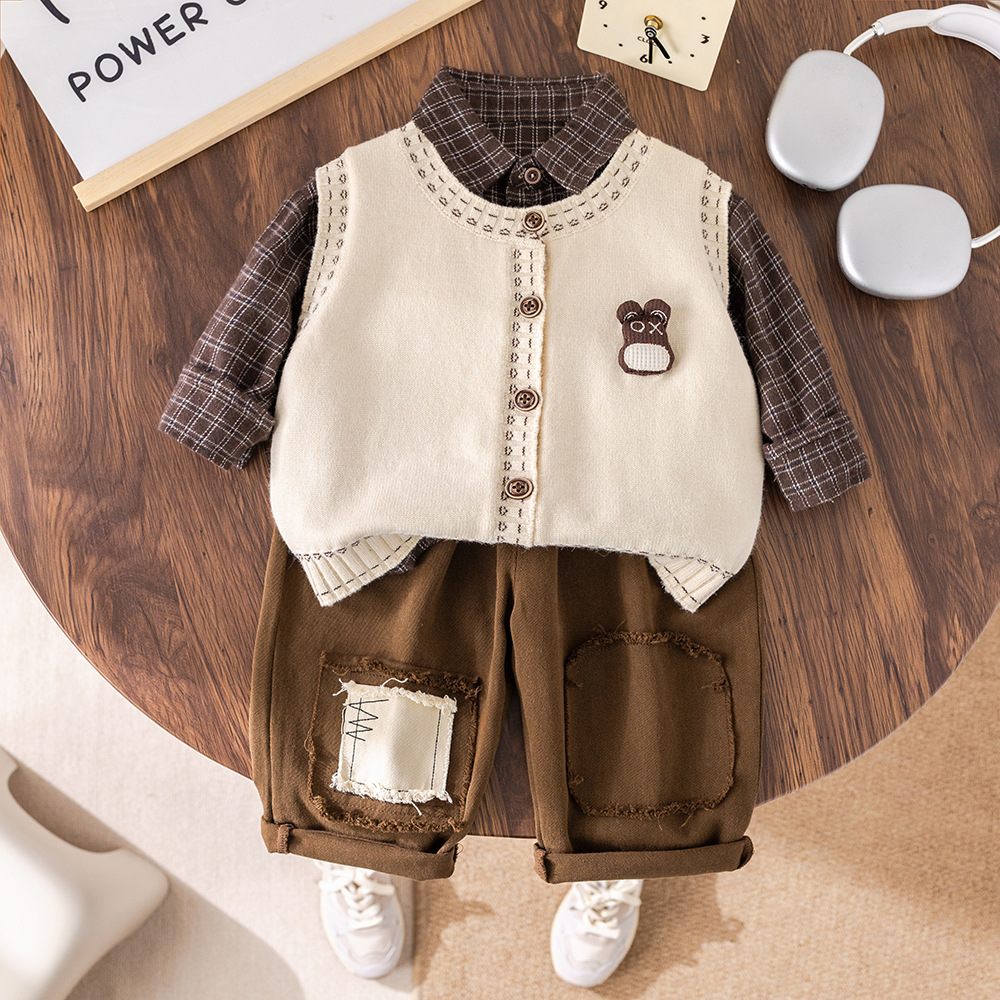 Bos' Spring And Autumn 2025 New Fashionable Children's Stlish Bab 3D Bear Head Cardigan Sweater Three-Piece Set_voghion.com