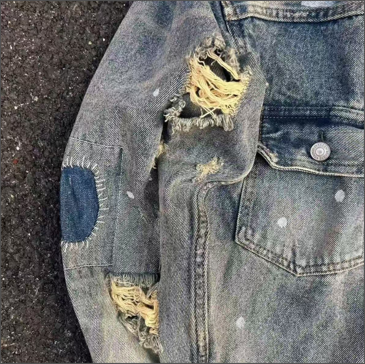 Vintage Denim Jacket With Graffiti Print Distressed High Street_voghion.com