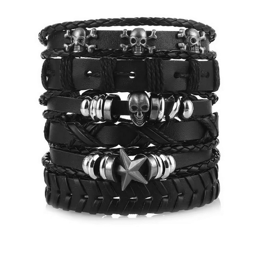 Diy Leather Bracelet Weaving Kit For Men With Skull And Star Beads_voghion.com