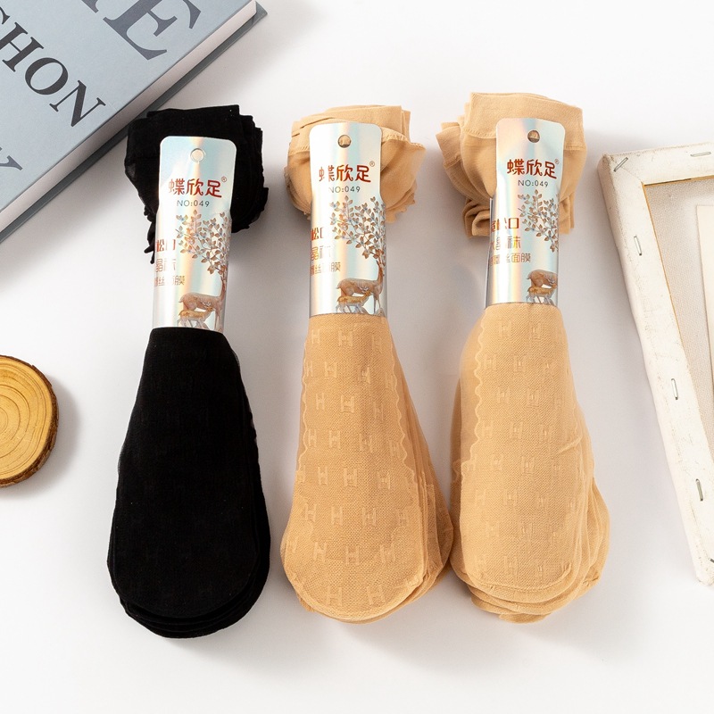 Jacquard Silk Stockings Women's Socks Summer Thin Traceless Anti-Hook Silk Non-Slip Cotton Bottom Transparent Crystal Silk Ultra-Thin Mid-Socks