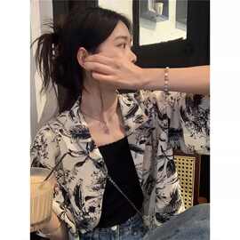 水墨彩画短袖衬衫女法式复古别致设计感polo衫夏新款叠穿上衣外套