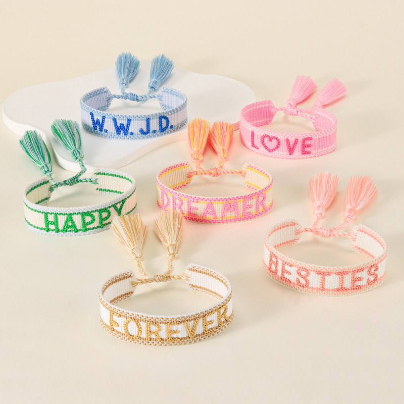 Creative Letter Embroidered Ribbon Bracelets with Tassel Pendants, Handmade Woven Friendship Accessories, Bulk Custom Orders Available