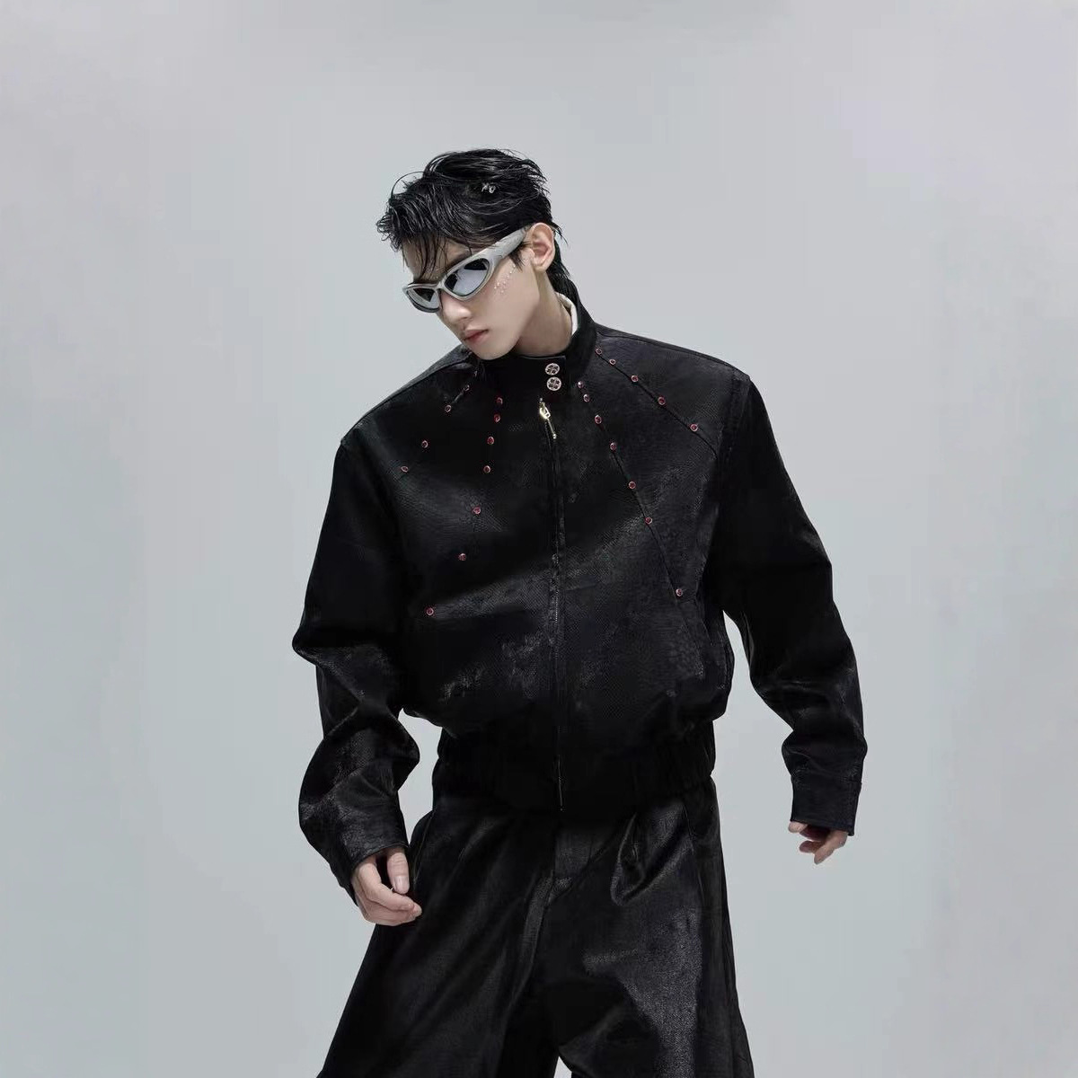 25S秋CulturE祭祀*蟒蛇纹理感皮衣短款宝石朋克立领夹克上衣外套