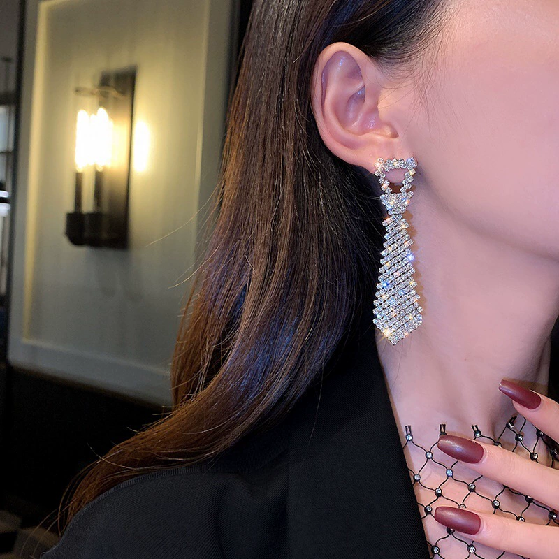 Tie, fashionable earrings, silver 925 sample, European style, diamond encrusted