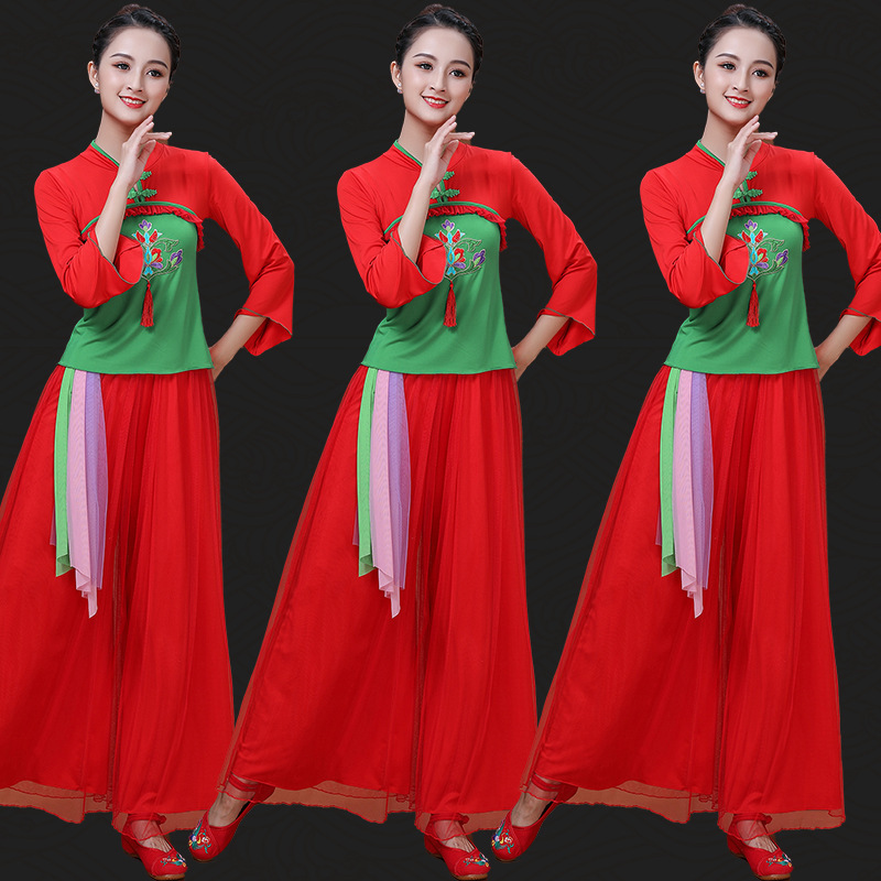 Square dance clothing with padded top and mesh pants set for women in middle and old age, classical dance performance costumes for stage