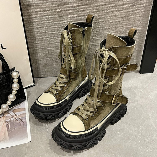 2024 Thick Low Martin Boots European Station Old Vintage Work Boots High-Top Rider Boots Round Toe Platform Low Side Zipper Leather 