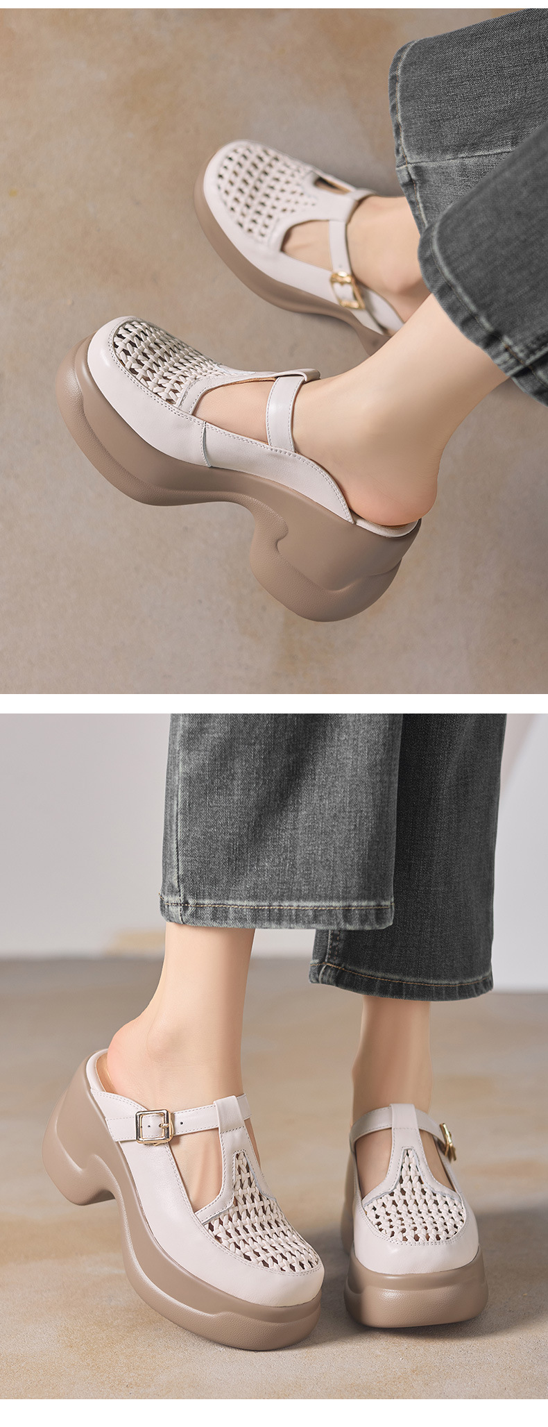 Dép sandal cao gót nữ quai đan gót thô đế dày 9.5 cm — đen chi tiết 5