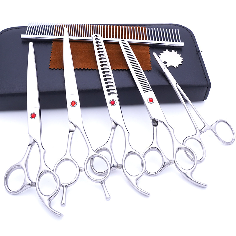 Fabricante de juegos de tijeras para mascotas, tijeras de peluquería canina al por mayor de 7 pulgadas, suministros morados para perros.