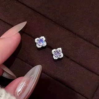 S999纯银紫色锆石四叶草耳钉女小清新时尚百搭花朵耳环耳饰养耳洞