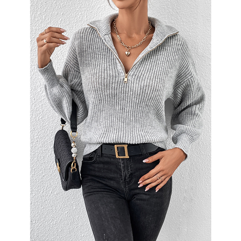 Europa y los Estados Unidos transfronterizos con cremallera suéter de comercio exterior moda de color sólido suéter de manga larga con cremallera de cuello de polo casual suéter mujer