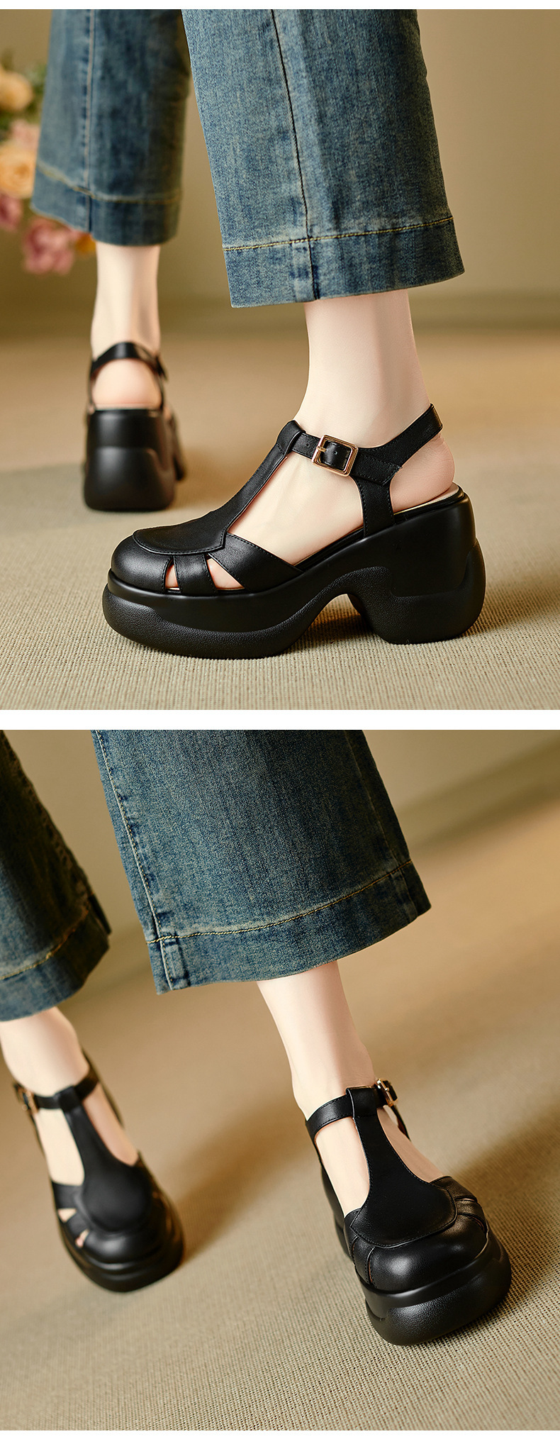 Sandal nữ quai chữ T đế xốp dày phong cách La Mã — đen chi tiết 3
