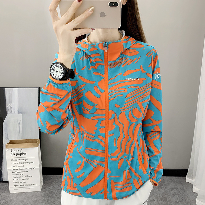 Summer Sports Sun Protection Clothing Women's Ice Silk Elastic Print Outdoor Breathable Large Size Fashionable Thin Skin Style Coat