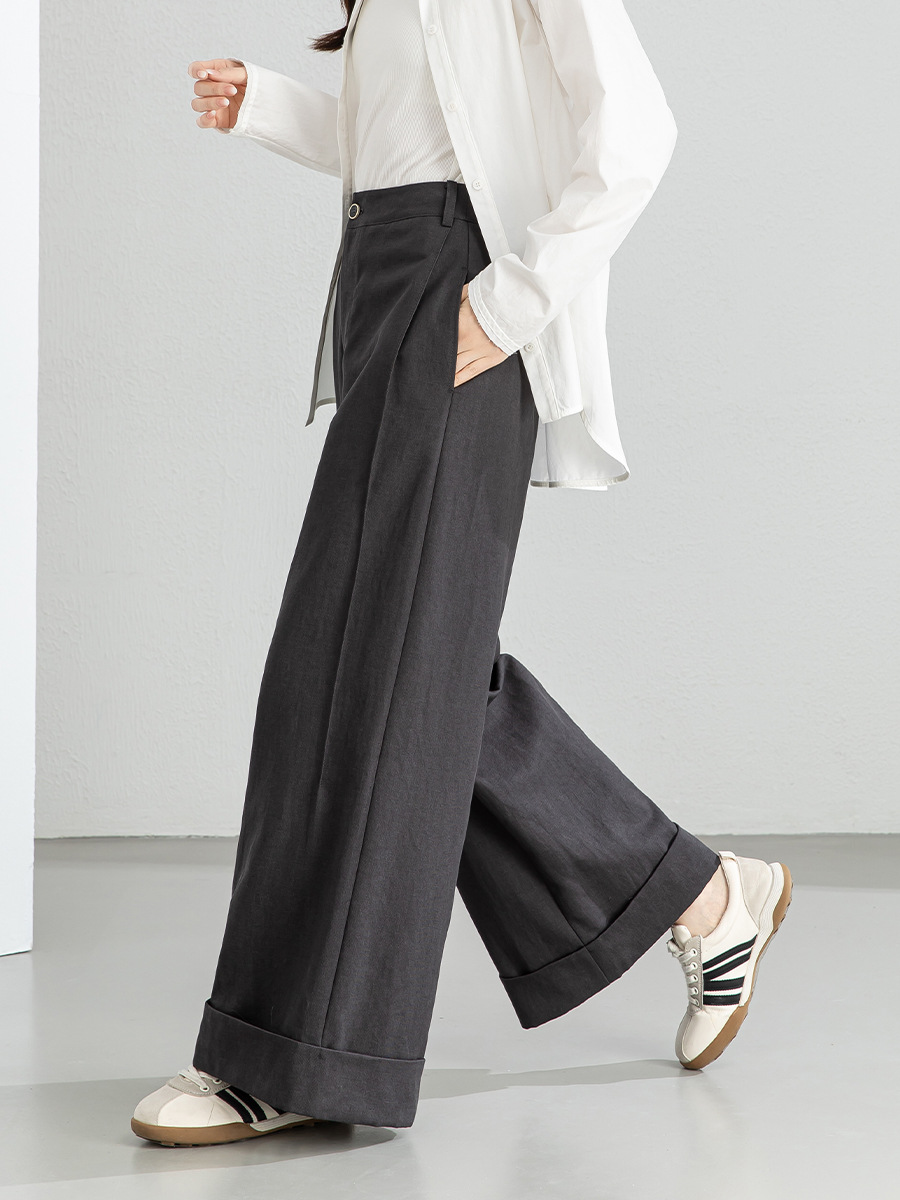 Quần culottes nữ ống rộng cạp cao chất liệu Tencel cotton, dáng suông rủ nhẹ — Xám gạo