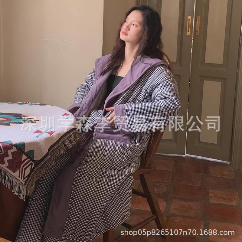 가을과 겨울에 코튼 패딩 재킷이 달린 민족 마셔 파자마 기모 두꺼운 따뜻한 격자 무늬 긴 잠옷 홈 옷 195 세트