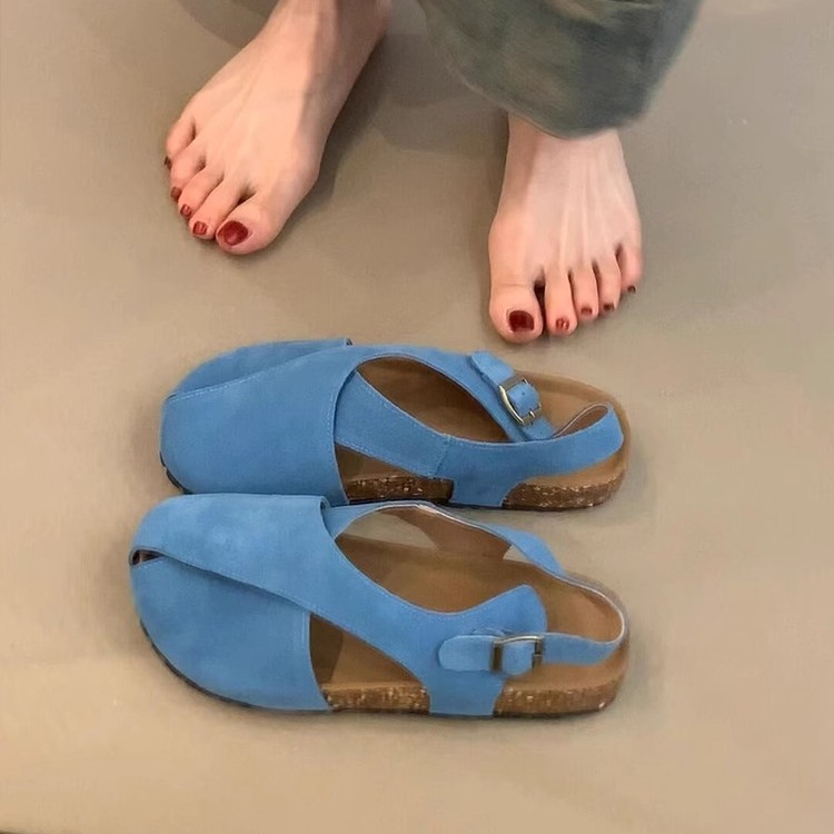 Versión de piel de oveja ~ Nuevas sandalias planas de cuero esmerilado de punta redonda con hebilla de una palabra para mujer