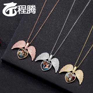 s925银跨境热销满钻爱心翅膀照片开合项链气质轻奢欧美亚马逊爆款