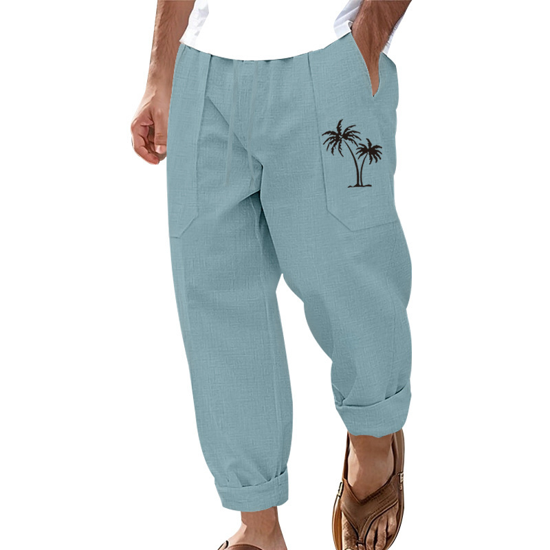 Amazon Cross-border New European and American Cross-border Fashion Casual Beach Pants Men's Coconut Tree Printed Cotton Linen Loose Trousers