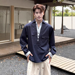 老钱风潮流假两件拼接长袖衬衣男春秋新款宽松时尚休闲长袖衬衣男