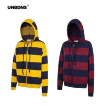 UNBDNS美式复古拉链条纹针织开衫毛衣男女同款秋冬宽松连帽外套潮