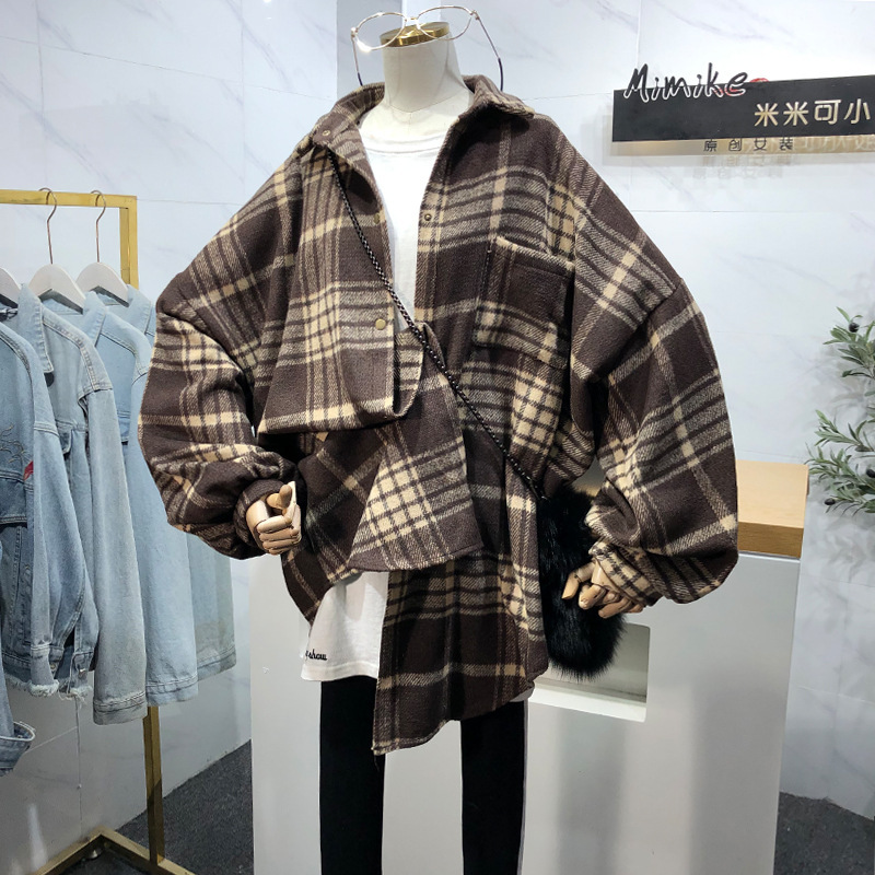 Extra Large Size 120.00kg Plaid Shirt Women's Retro Hong Kong Style Thickened Early Autumn Top Design Long Sleeve Shirt Jacket