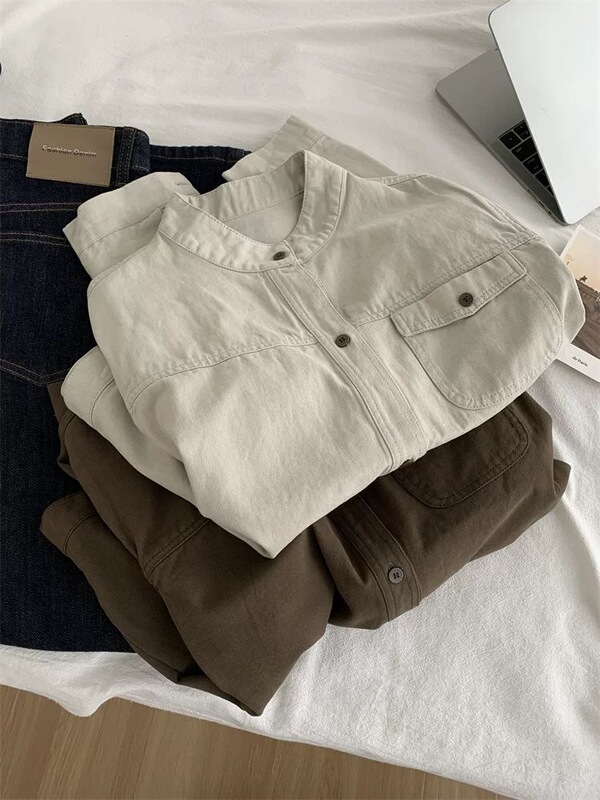 Trendy Retro Workwear Stand-Collar Jacket for Women, Loose Casual Washed Cotton Cardigan, Short Coat for Petite Figures in Spring and Autumn Trendy Retro Workwear Stand-Collar Jacket for Women, Loose Casual Washed Cotton Cardigan, Short Coat for Petite Figures in Spring and Autumn