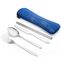 Cross-border Amazon stainless steel tableware set with handle knife fork spoon chopsticks bag, logo printing available