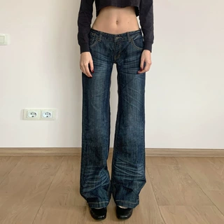 低价清仓#美式复古辣妹风低腰洗水猫须做旧牛仔裤休闲褶皱直筒裤