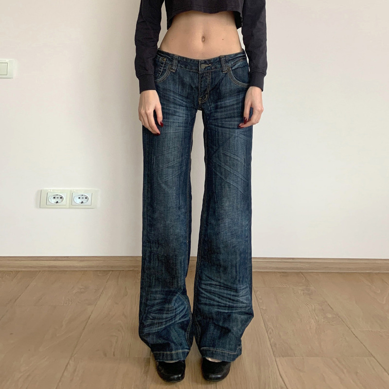 Low Price Clearance Sale # American Retro Hot Girl Style Low-Waist Washed Distressed Jeans with Whiskered Details, Casual Pleated Straight-Leg Pants. Low Price Clearance Sale # American Retro Hot Girl Style Low-Waist Washed Distressed Jeans with Whiskered Details, Casual Pleated Straight-Leg Pants.
