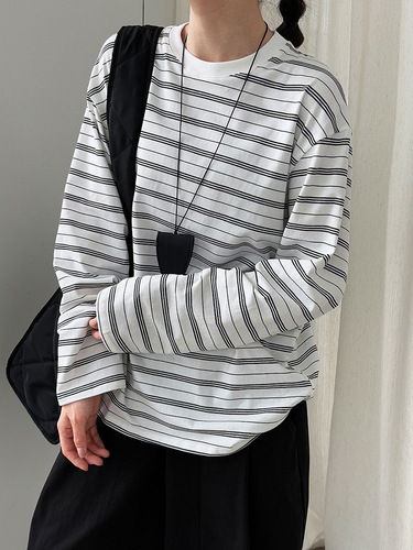 Luxi Retro Color-Block Striped Loose Simple Long-Sleeved T-Shirt for Women, New Autumn Round-Neck Base Layer Top 2031