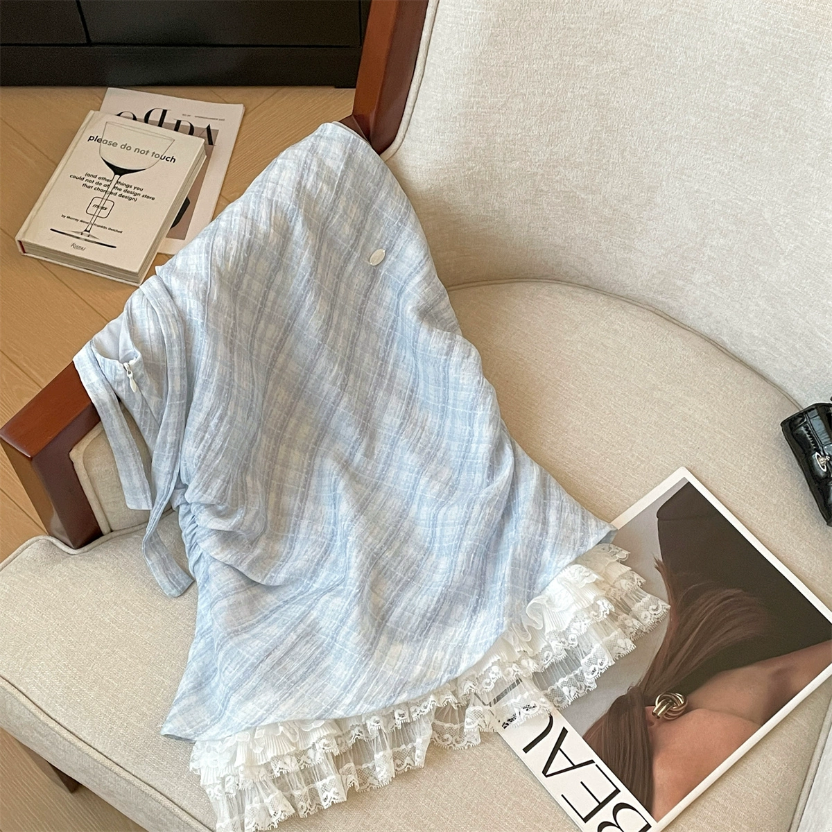 Голубая кружевная летняя шифоновая рубашка без рукавов, западный стиль