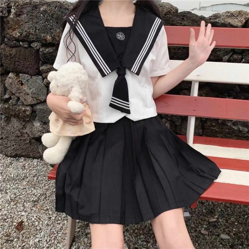 沙河【两件套装】夏季新款黑暗系j制服学院风学生水手领上衣百褶|undefined