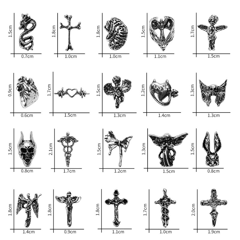 Halloween Vintage Cross Nail Art Jewelry Alloy Silver Ghost Head Skull Angel Dragon Heart Nail Decoration Accessories