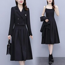 大码小西装吊带裙两件套装女秋新款胖妹妹气质显瘦百褶法式连衣裙