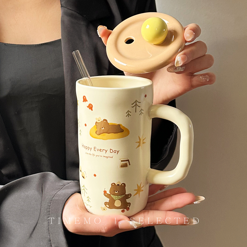 Office Straw Cup Birthday Gift for Girls, High-Looking Couple's Cup, Household Ceramic Drinking Mug with Lid
