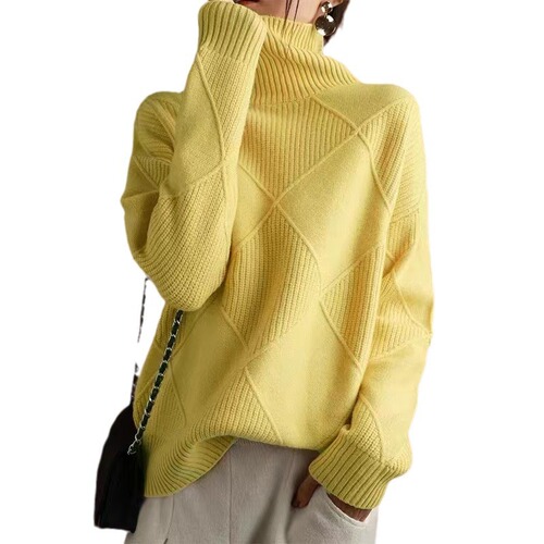 Fall/Winter Women's Turtleneck Pullover Sweater with Diamond Pattern | Versatile Solid-Color, Loose-Fit, Cozy Base Layer Top