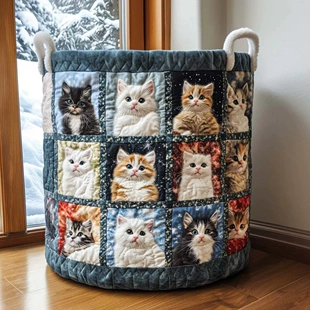 Корзина для белья с кошкой стёганая с крышкой
