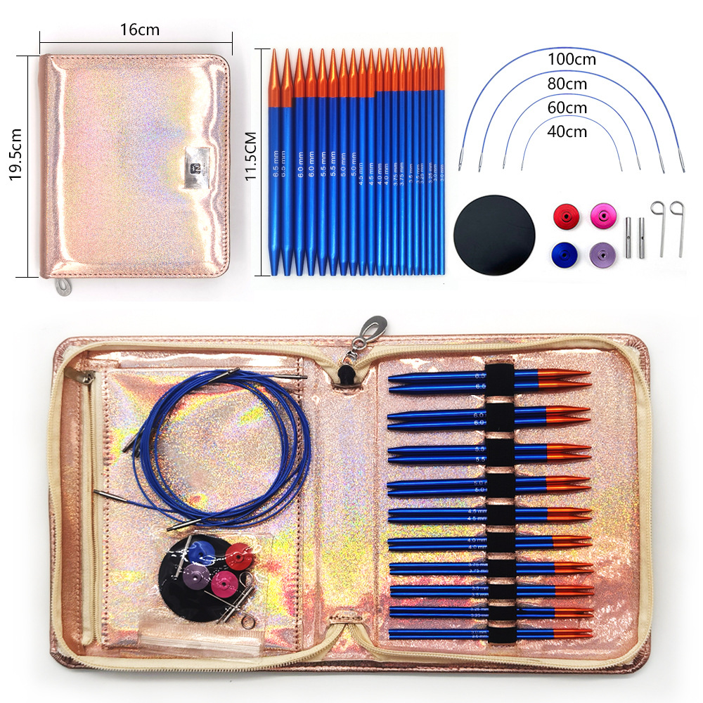 Agujas de suéter transfronterizas de aluminio de óxido azul y oro de dos colores desmontables aguja de anillo multifuncional aguja de anillo combinada set 9 pago