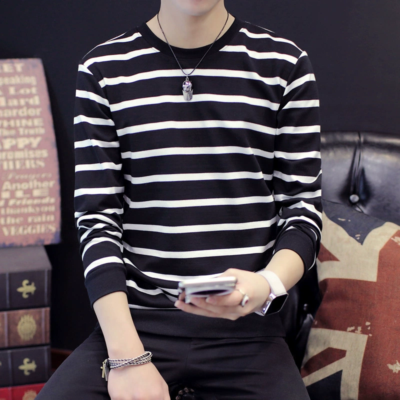 Молодежная модная футболка с длинным рукавом, стильная весенняя одежда в полоску, мужская осенне-зимняя флисовая толстовка, утолщенная базовая рубашка.