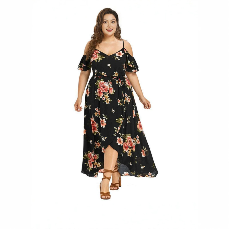 2026 European and American Cross-Border Women's Printed Strapless Short-Sleeve Summer Plus-Size V-Neck Irregular Dress in Stock 2026 European and American Cross-Border Women's Printed Strapless Short-Sleeve Summer Plus-Size V-Neck Irregular Dress in Stock