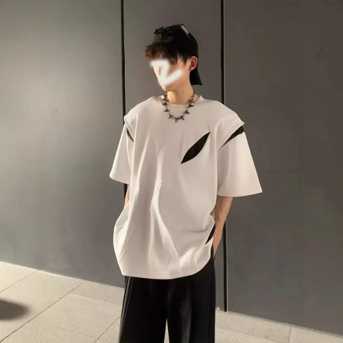 Designer Shoulder Collar T-Shirt for Men, Niche High-End, Fragmented Deconstruction, American Short Sleeve, Trendy Brand, Men's Model Fashion