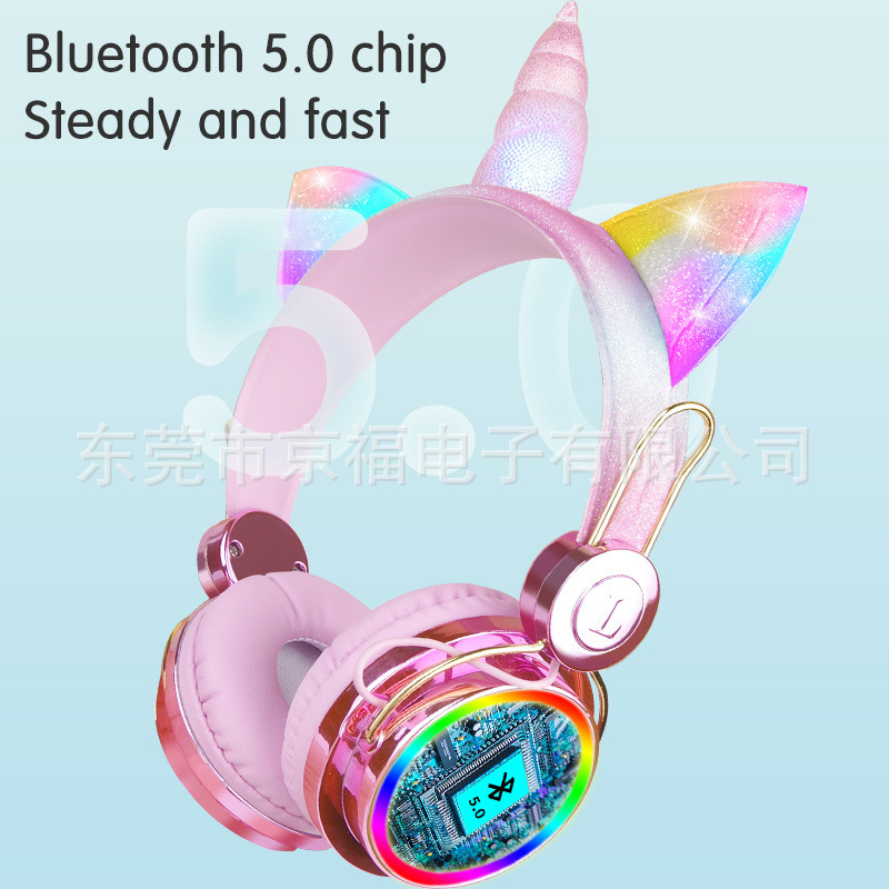 Source Manufacturer Wholesale Head-Mounted Luminous Bluetooth Headphones, Popular Cartoon Unicorn Headset with Intelligent Voice