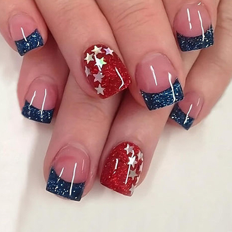 Wear nail art short bright square nail finished French glitter pink blue color American Independence Day nail art 24 pieces