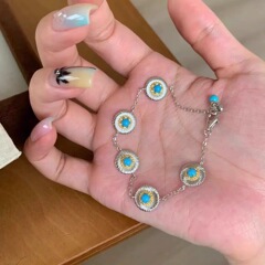 S925纯银中古拉丝绿松石雏菊手链女清冷感高颜值轻奢复古精致手饰