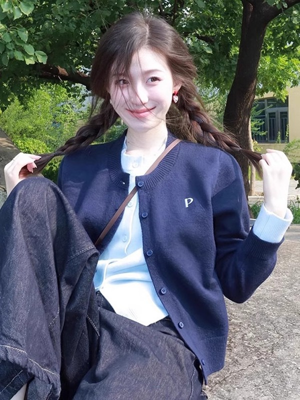 藏青色针织开衫女早秋季拼接圆领软糯毛衣美式休闲假两件上衣外套|undefined