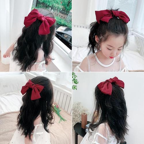Korean-style red bow hair clip with large bow headband, satin bow hair clip with spring clip top clip