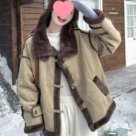 时髦洋气皮毛一体仿羊羔毛外套女秋冬新款机车服麂皮绒棉衣