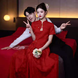 新中式旗袍改良敬酒服2026新款酒红色新娘结婚礼服订婚连衣裙套装